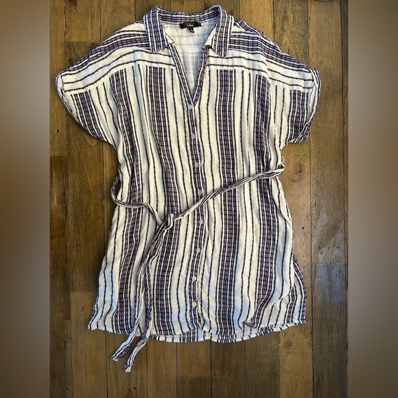 LULUS Beach Weekend Cream and Purple Striped Button-Up Shirt Dress Belted Lined - Picture 8 of 15
